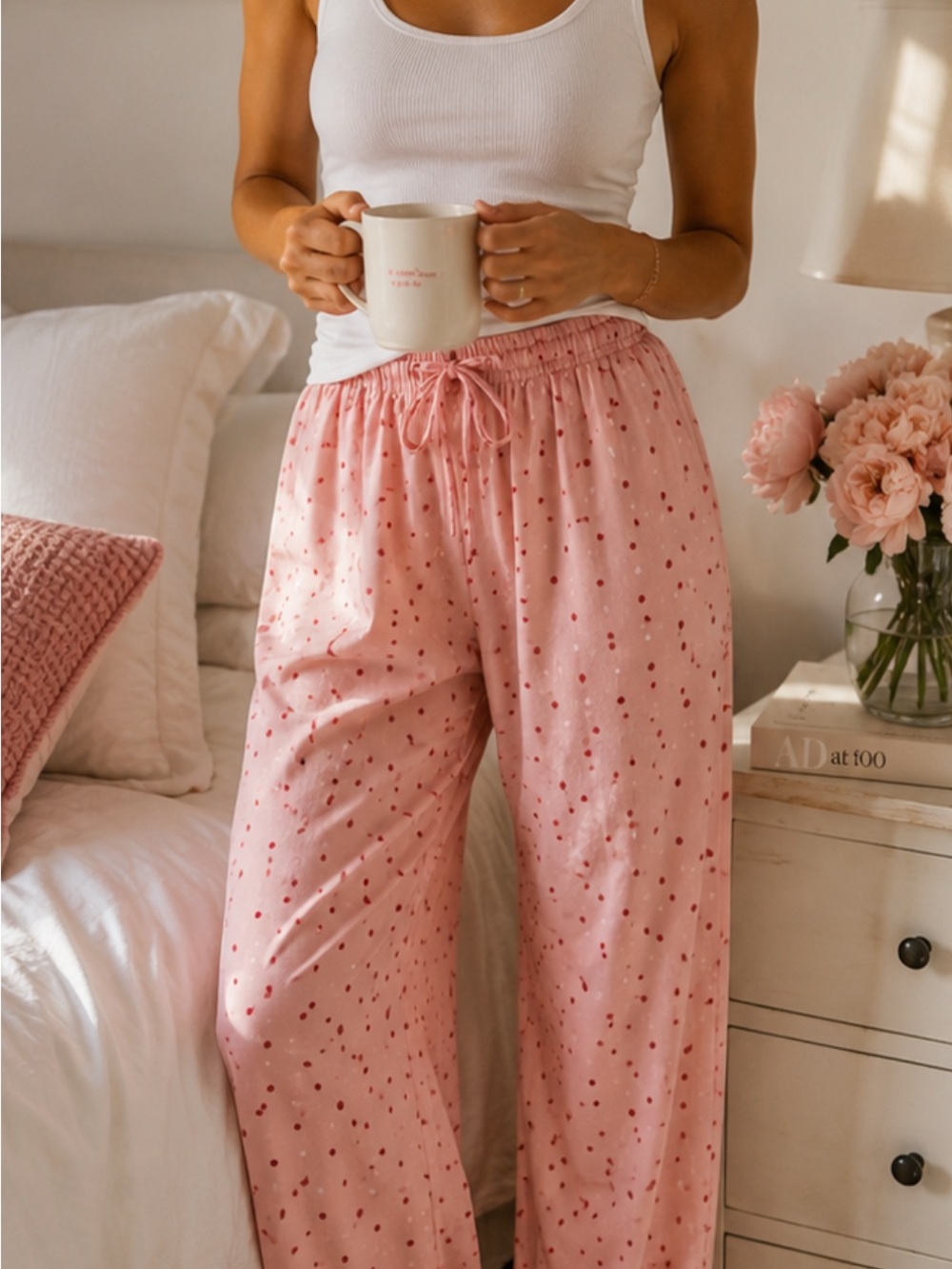100 % Silk Pajama Bottoms| Pink Polka Dot Sleepwear Lounge Size M